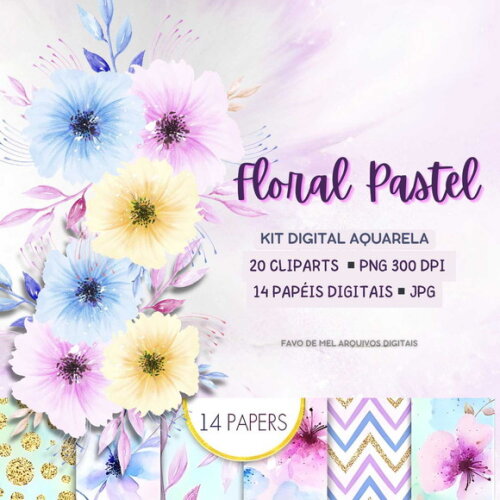 Kit Digital Floral Pastel Aquarela Png com Papéis