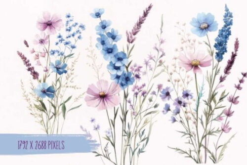 Kit Digital Flores do Campo Aquarela #16 Floral Azul