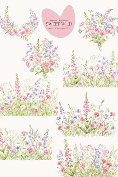Kit Digital Flores do Campo Rosa com Alfabeto Png Aquarela