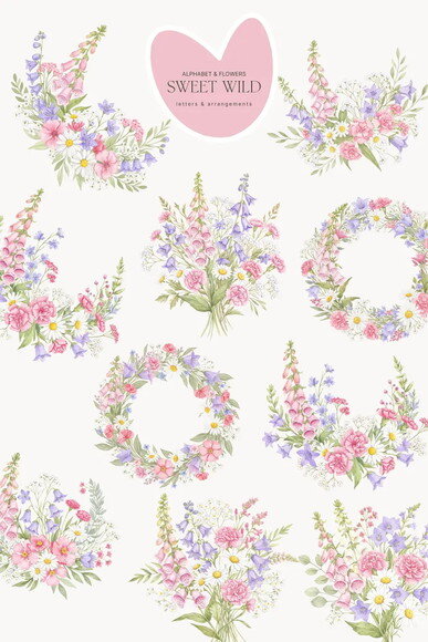 Kit Digital Flores do Campo Rosa com Alfabeto Png Aquarela