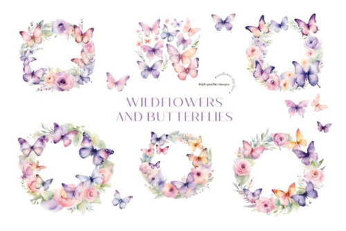 Kit Digital Flores do Campo com Borboletas Aquarela Png #08