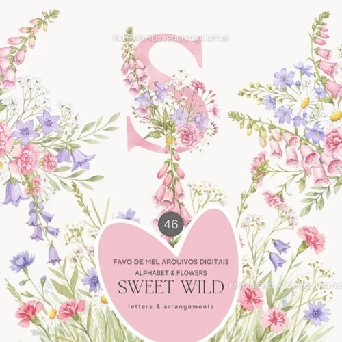 Kit Digital Flores do Campo Rosa com Alfabeto Png Aquarela