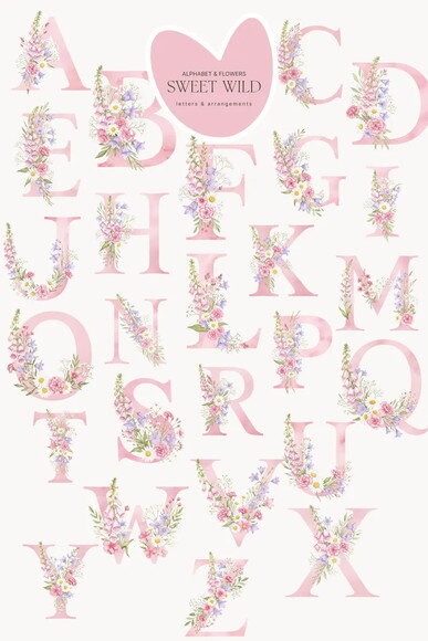 Kit Digital Flores do Campo Rosa com Alfabeto Png Aquarela