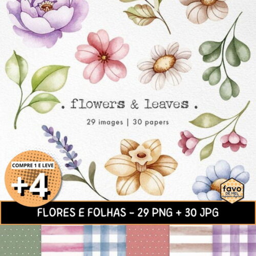 Kit Digital Flores e Folhas Aquarela - Flowers And Leaves