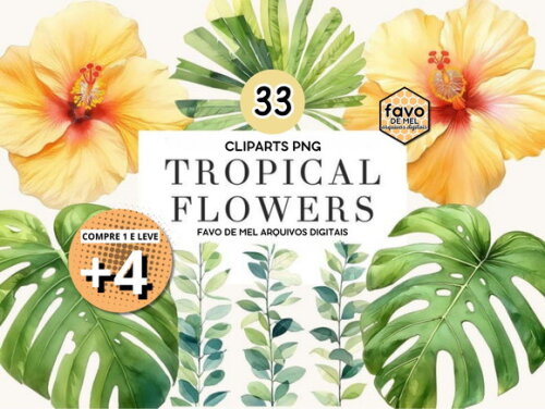 Kit Digital Flores Folhagem Tropical Aquarela Tardezinha