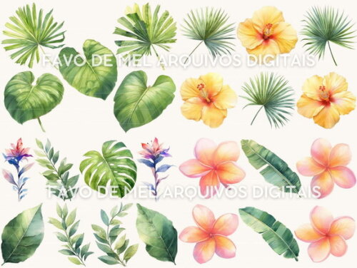 Kit Digital Flores Folhagem Tropical Aquarela Tardezinha
