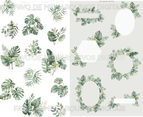 Kit Digital Folhagem Verde Aquarela Premium (greenery)