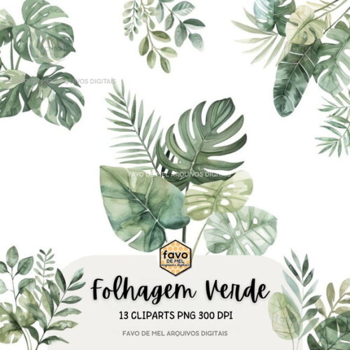 Kit Digital Folhagem Verde Aquarela Premium (greenery)