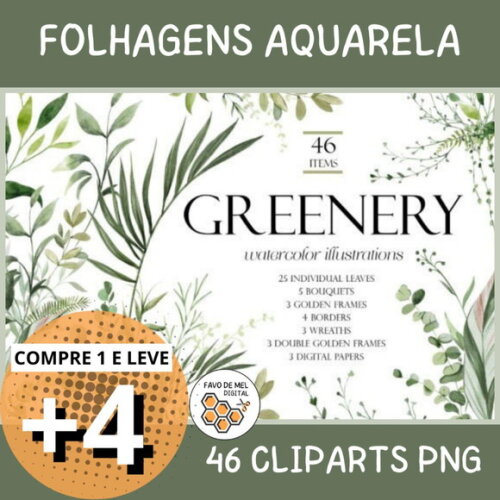 Kit Digital Folhagem Aquarela - Greenery
