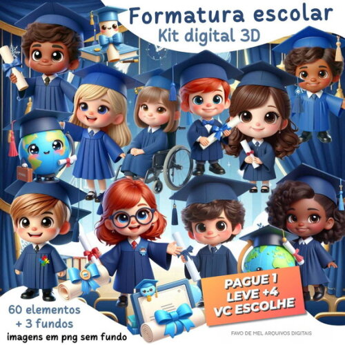 Kit Digital Formatura 3d Crianças Formatura Abc Png
