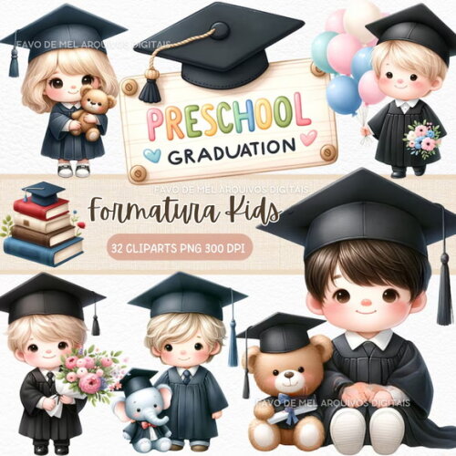 Kit Digital Formatura Kids Aquarela #8 Png Premium