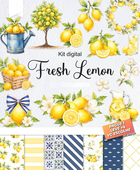 Kit Digital Fresh Lemon Limão e Azulejos Png (pague 1 Leve 5