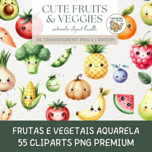 Kit Digital Frutas e Vegetais Cute Aquarela Premium (sd)