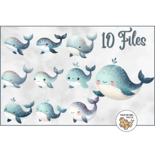 Kit Digital Fundo do Mar #11 Baleias Cute - Whales