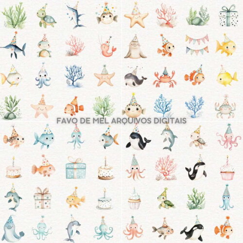Kit Digital Fundo do Mar #37 Aniversário Aquarela Png