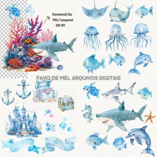 Kit Digital Fundo do Mar #38 Mergulhador Aquarela Png
