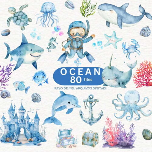 Kit Digital Fundo do Mar #38 Mergulhador Aquarela Png