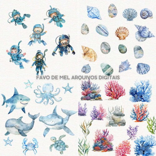 Kit Digital Fundo do Mar #38 Mergulhador Aquarela Png