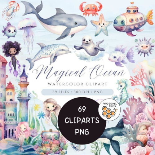 Kit Digital Fundo do Mar 12 - Magical Ocean Aquarela