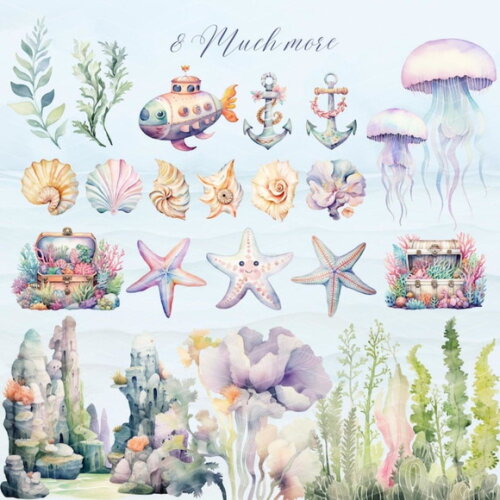 Kit Digital Fundo do Mar 12 - Magical Ocean Aquarela