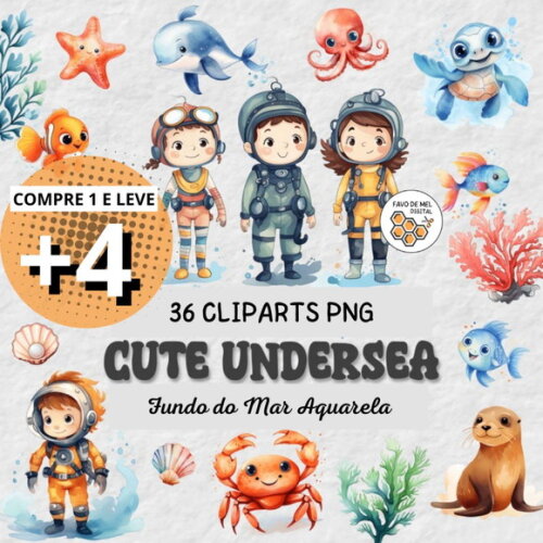 Kit Digital Fundo do Mar 15 Aquarela - Cute Undersea (cc)