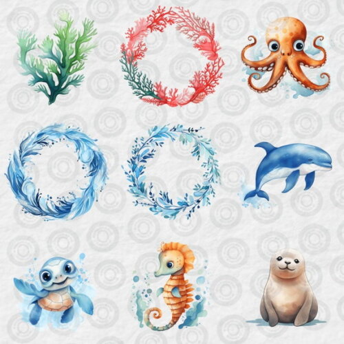 Kit Digital Fundo do Mar 15 Aquarela - Cute Undersea (cc)