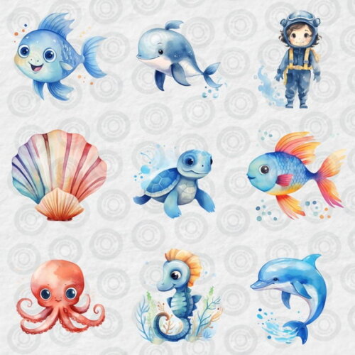 Kit Digital Fundo do Mar 15 Aquarela - Cute Undersea (cc)