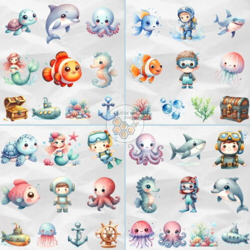 Kit Digital Fundo do Mar 18 - Undersea Aquarela (ddm)