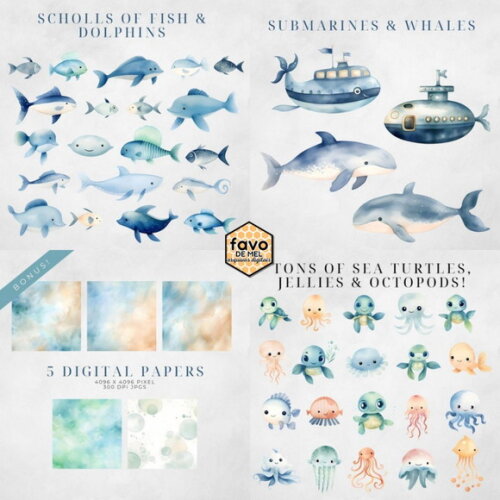 Kit Digital Fundo do Mar 23 - Undersea Minimalista Aquarela