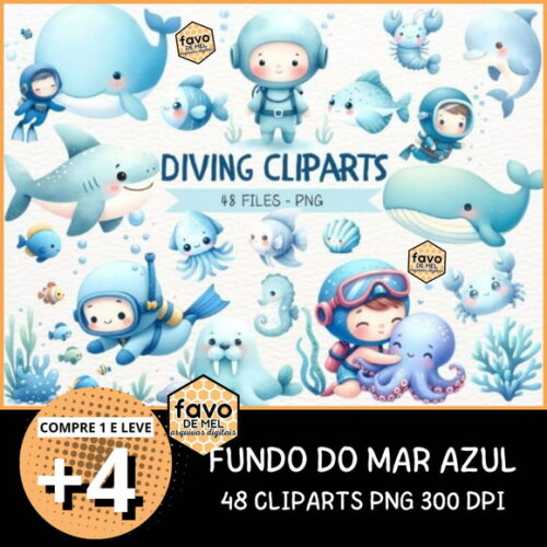 Kit Digital Fundo do Mar 26 Azul Menino Aquarela (nca)