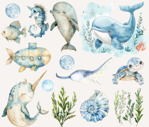 Kit Digital Fundo do Mar 29 Azul Menino Aquarela (ccs)
