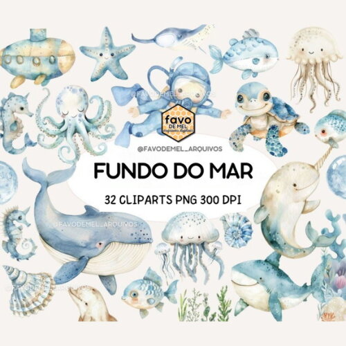 Kit Digital Fundo do Mar 29 Azul Menino Aquarela (ccs)