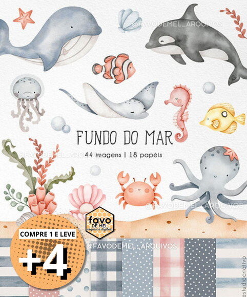Kit Digital Fundo do Mar 30 Aquarela