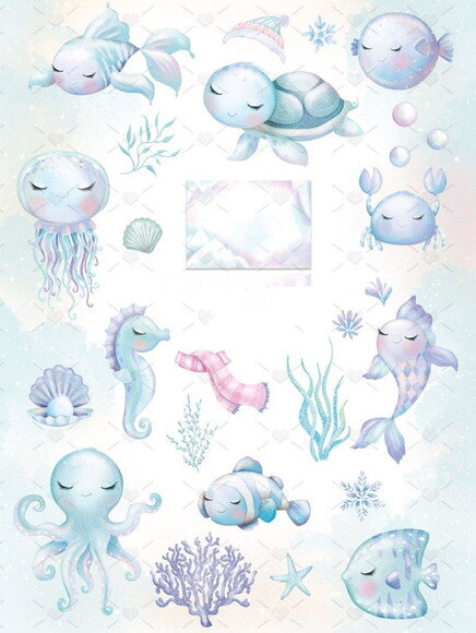 Kit Digital Fundo do Mar Aquarela - Combo Ilustrações 02