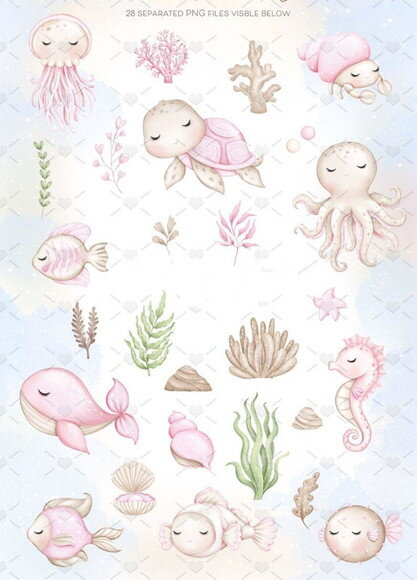 Kit Digital Fundo do Mar Aquarela - Combo Ilustrações 02