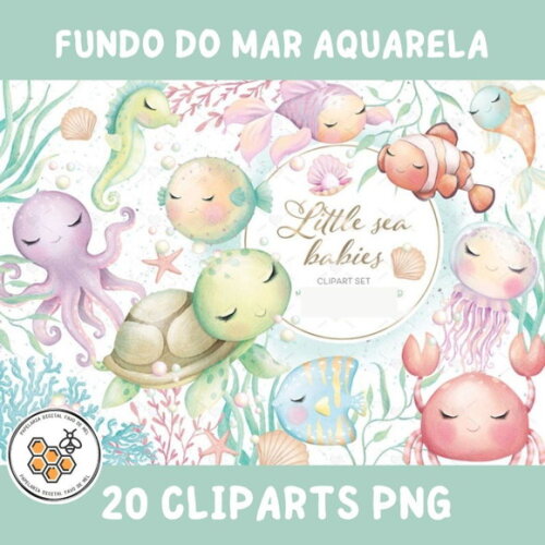 Kit Digital Fundo do Mar Aquarela #04 Png Premium