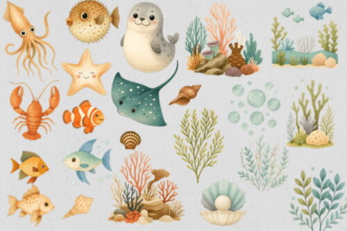 Kit Digital Fundo do Mar Aquarela #36 (pague 1 Leve +4)