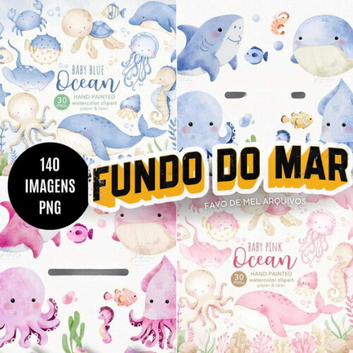 Kit Digital Fundo do Mar Aquarela #4 - Combo Ilustrações Png