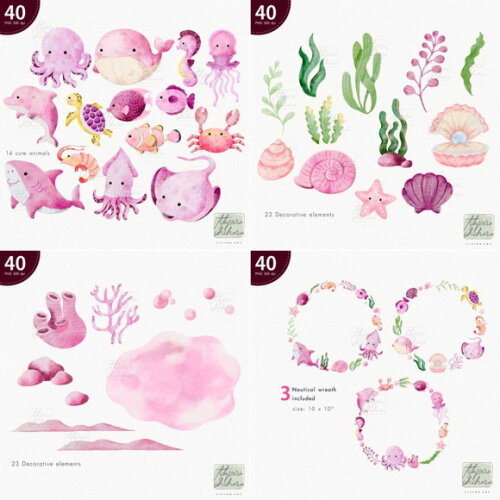 Kit Digital Fundo do Mar Aquarela #4 - Combo Ilustrações Png