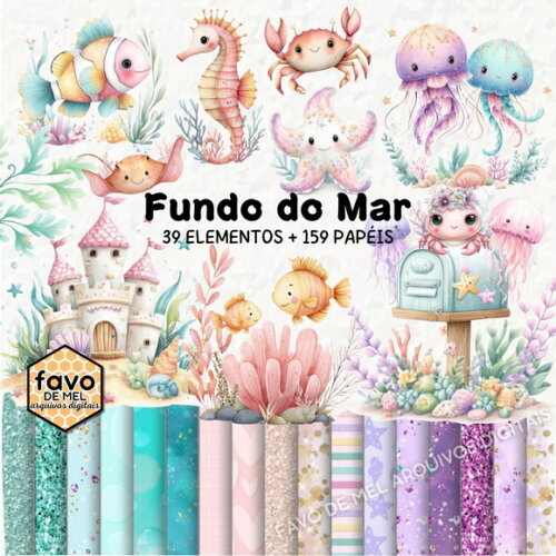 Kit Digital Fundo do Mar Aquarela #42 Elementos Png + Papeis