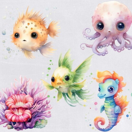 Kit Digital Fundo do Mar Aquarela 16 - Sea Creatures (hc)
