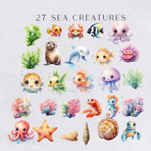 Kit Digital Fundo do Mar Aquarela 16 - Sea Creatures (hc)