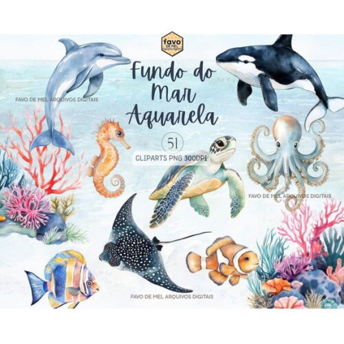 Kit Digital Fundo do Mar Aquarela Premium #32