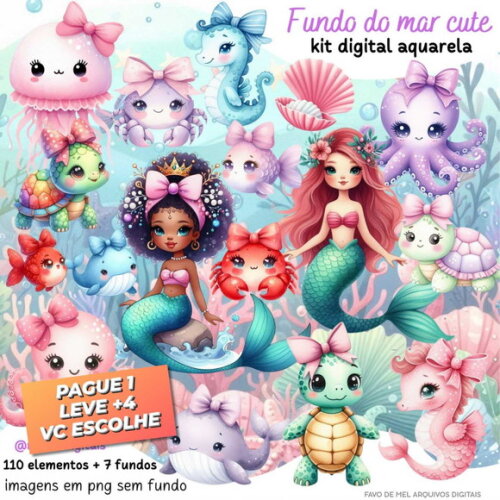 Kit Digital Fundo do Mar Sereias Aquarela #41 Pague 1 Leve5
