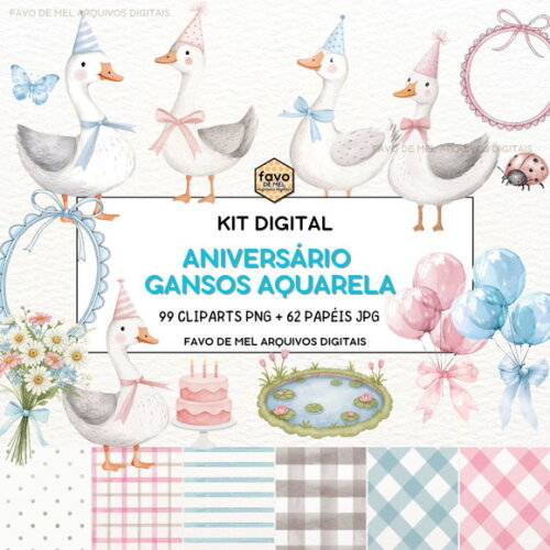 Kit Digital Ganso Aniversário Azul e Rosa Aquarela Png #4