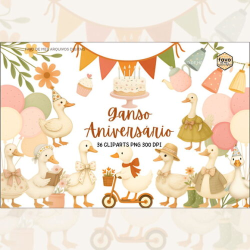 Kit Digital Ganso Aniversário Cottagecore Aquarela Png #3