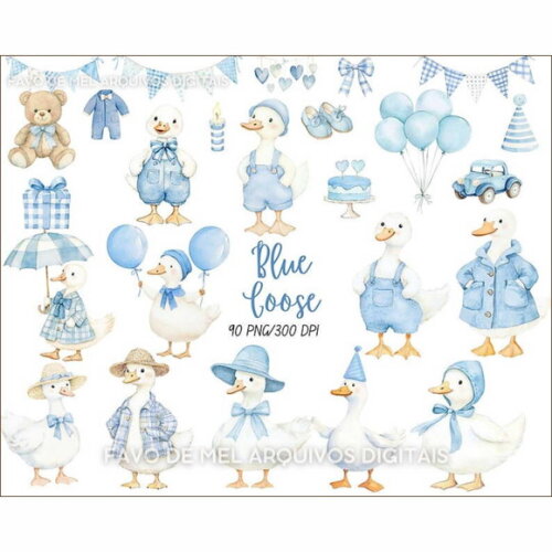 Kit Digital Ganso Azul Aquarela Png Premium #24
