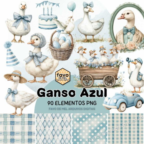 Kit Digital Ganso Azul Aquarela Png Premium #7