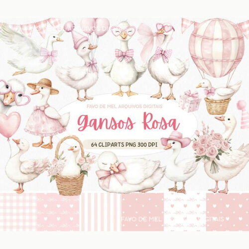 Kit Digital Ganso Fofinho Rosa Aquarela Png Premium #12
