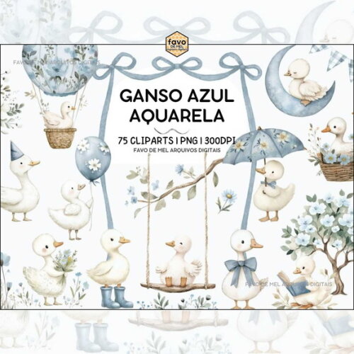 Kit Digital Ganso Fofinho Azul Aquarela Png Premium #6